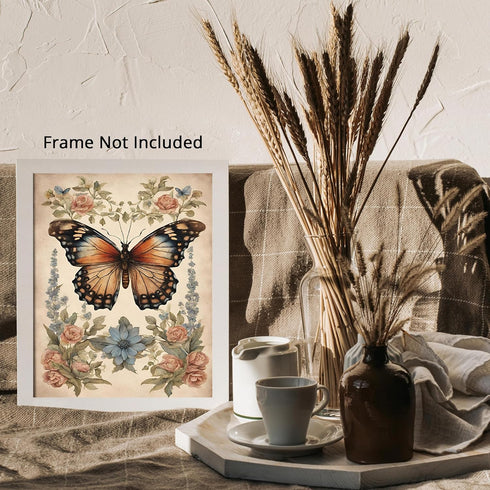 Posterizer 1 pcs- Orange butterfly with wild blue and red flowers-Art for Animal Lovers-Floral Botanical Art- Gift for Men Women Teens-Decor for ...