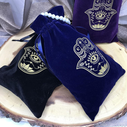 ARTSY CRAFTS 6x9" Hamsa Hand Velvet Jewelry Pouch Gift Bags, Fatima Hand Evil Eye Velvet Drawstring Oracle Tarot Card Rune bags Dice Bag (Royal Bl...