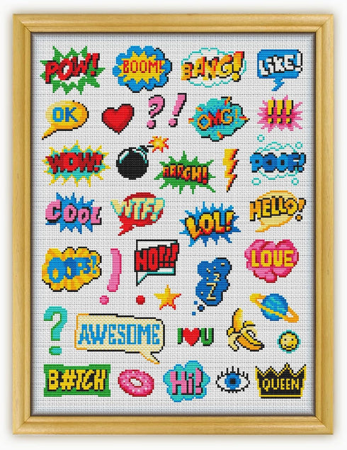 Comic Book Text Collection CS1702 - Counted Cross Stitch KIT#2 PRIME. Set of Threads, Needles, AIDA Fabric, Needle Threader, Embroidery Clippers a...