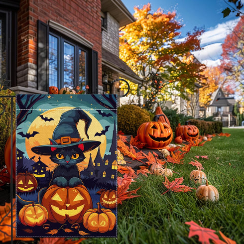 Halloween Cat Garden Flag, 12x18 Inch Double Sided Burlap, Halloween Scary Pumpkin Garden Flag, Holiday Outdoor House Decoration?Lawn Flag Yard Fl...