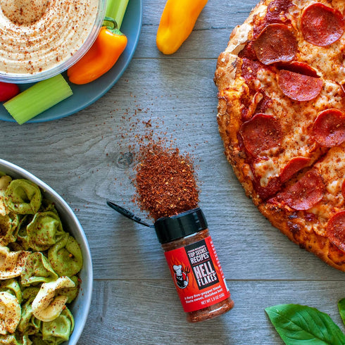 Todd Wilbur's Top Secret Recipes Hell Flakes - Next-Level Crushed Red Pepper Flakes - A Unique Blend of 5 Peppers - Starts Sweet, Finishes Hot - U...