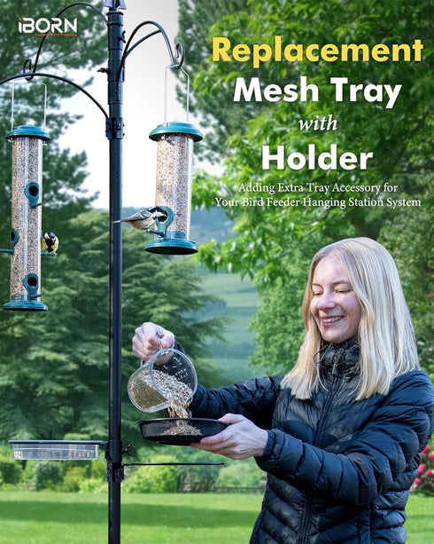 iBorn Bird Feeders Station Mesh Tray and Ring for 1” Pole Stand Station Outdoor Accessory for Humming Bird Feeders for Outside,5SECOND to Install,...