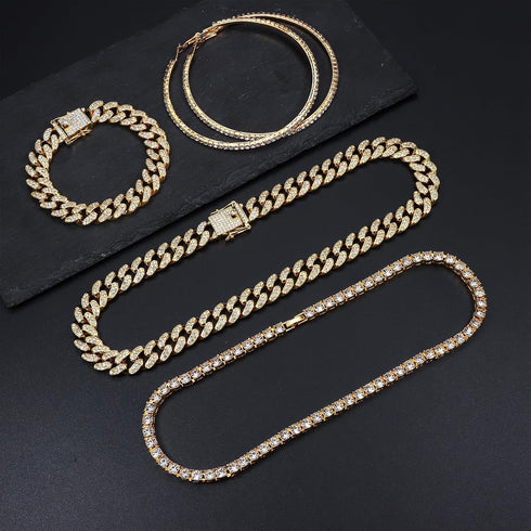 FINREZIO Cuban Link Chain Set for Women Silver Gold Thick Cuban Chain Necklace Bracelet Rhinestone Earrings Bling Clustered Heart Round Cuban Link...