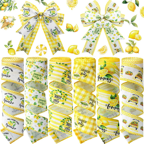 6 Rolls 30 Yards Lemon Wired Edge Ribbon Summer Yellow Lemon Gnome Truck Craft Ribbons Lemon Buffalo Plaid Check Stripe Farmhouse Fabric Ribbon fo...
