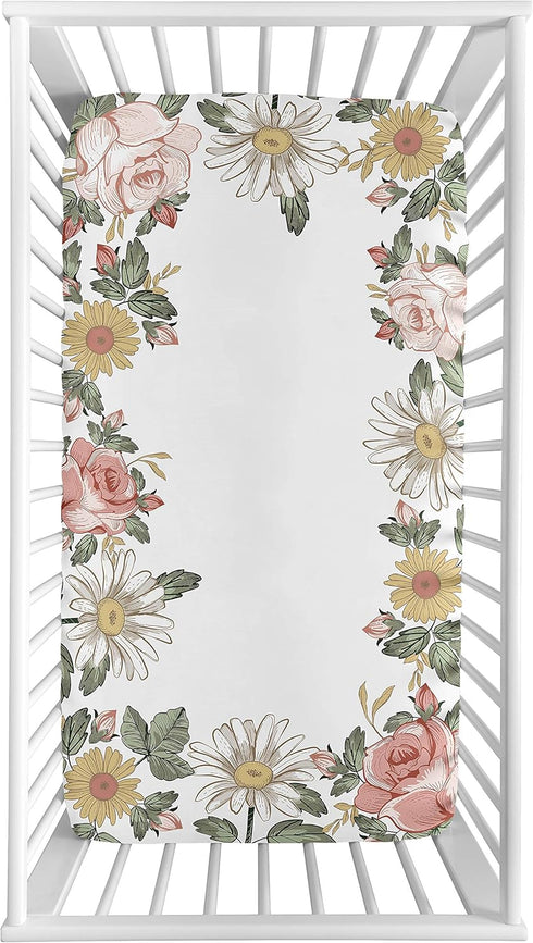 Sweet Jojo Designs Vintage Floral Boho Girl Fitted Crib Sheet Baby or Toddler Bed Nursery Photo Op - Blush Pink, Yellow and Green Shabby Chic Rose...