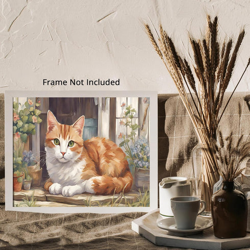 Posterizer 1 pcs- Beautiful cat sitting in a doorway next to flowers-Art for Animal Lovers-Floral Botanical Art- Gift for Men Women Teens-Living R...