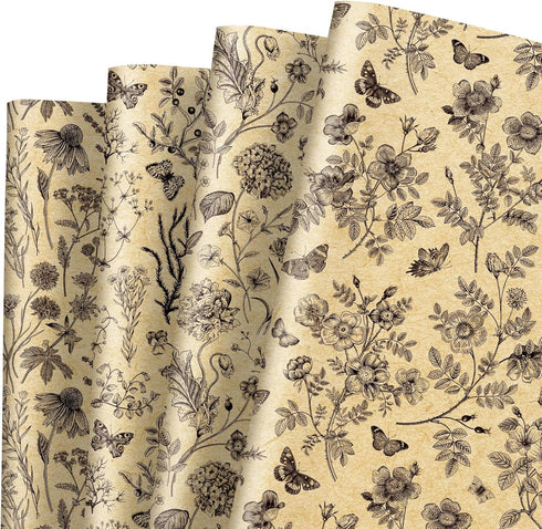AnyDesign 12 Sheets Floral Kraft Wrapping Paper Spring Flower Butterfly Gift Wrap Paper Bulk Folded Flat 4 Designs Brown DIY Craft Art Paper for P...