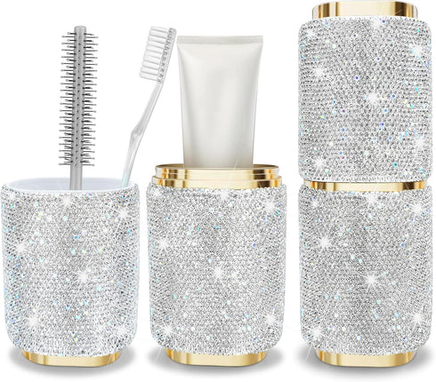 Bling Rhinestone Toothbrush Travel Case,Portable Diamond Travel Toothbrush Holder for Traveling,Camping,Home,Business,Women Large Capacity Multifu...