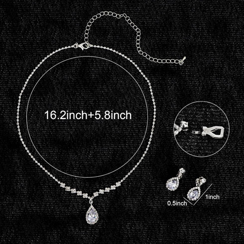 CIEHER Silver 2/3 Pieces Women Jewelry Set - Drop Necklace + Crystal Teardrop Dangle Earring Clips, Crystal Clip On Earrings Silver Non Pierced fo...