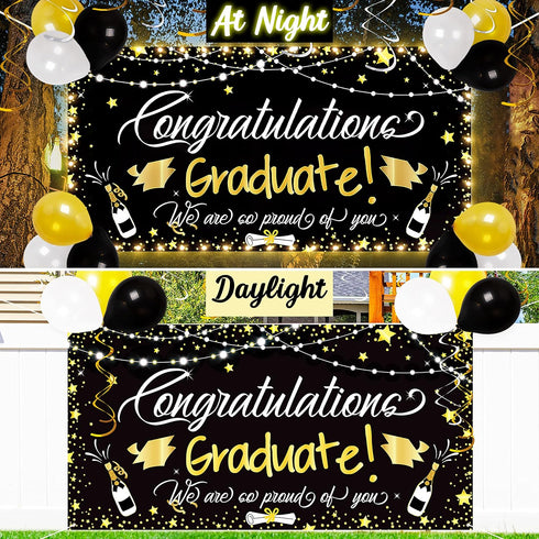 90shine Graduation Decorations Class of 2025 - Lighted Large Congrats Grad Banner Garland Photo Backdrop+Balloons+Hanging Swirls Party Supplies (2...