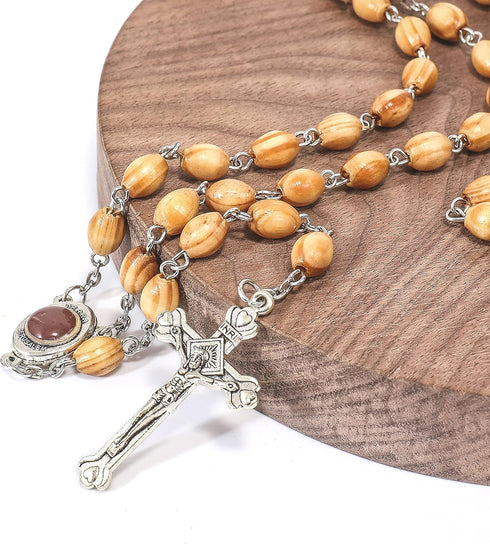 Nazareth Store Catholic Prayer Rosary Olive Wood Beads Necklace Holy Soil Medal & Metal Cross Velvet Gift Bag...