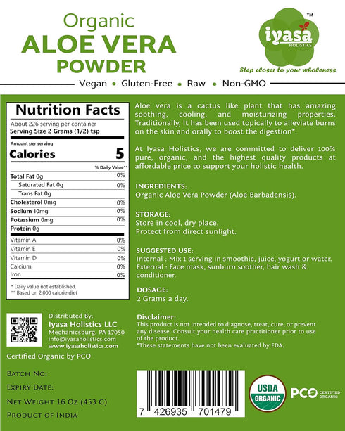 Organic Aloe Vera Leaf Powder, Bulk Pack of 16 oz/453 gram, Aloe Barbadensis, Herbal Cosmetics, Natural Hair & Skincare, Moisturizer, Superfood,Re...