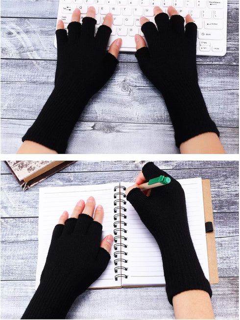 2 Pairs Unisex Fingerless Gloves Half Finger Stretchy Knit Gloves Lengthen Wrist Mittens Winter Warm Gloves...