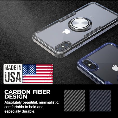 Kitoo Made in USA Designed for iPhone X/XS Max Case - Carbon Fiber Trim & Ring Stand | Anti-Yellowing | 12ft Drop Tested - Blue...