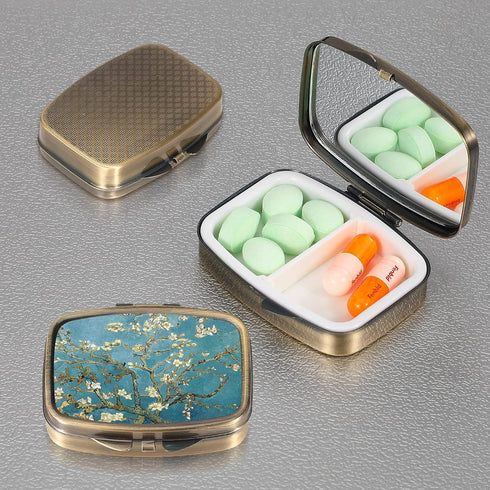Dynippy Pill Case Pill Box with Mirror Retro Pocket 2 Compartment Medicine Case Vitamin Pill Organizer for Pocket Purse and Travel (A-Plum Blossom...