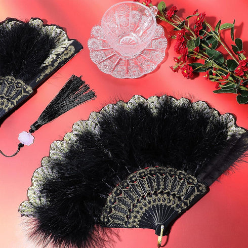 2 Pieces Feather Hand Fan Embroidered Flower Marabou 1920s Feather Fan Hand Folding Drag Queen for 20s Women Costume Party Dancing Photoshoot Wedd...