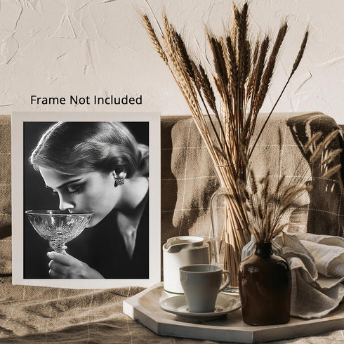 Posterizer 1 pcs-black and white alluring photo of woman sipping her drink-Photography Art-Retro Art-Decor for Home & Office- unframed wall art...