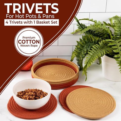 Trivets for Hot Dishes 100% Cotton Rope - 8" Trivets for Hot Pots and Pans Set of 5 Pcs w/ 9" Storage Basket | Pot Holders Heat Resistant | Hot Pa...