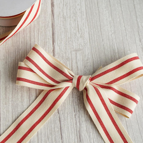 MEEDEE Natural Cotton Ribbon Stripes Fabric Ribbon 1 inch Red and White Stripe Ribbon for DIY Crafts Ribbon for Gift Wrapping Home Decor Sewing (1...