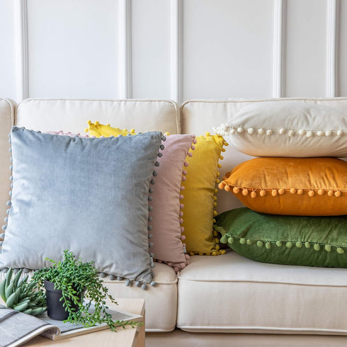 Ashler Throw Pillow Cases with Soft Pom Poms Velvet Plush Vibrant Elegant Cushion Covers, Pack of 2, Pink 20 x 20 inches 50 x 50 cm...