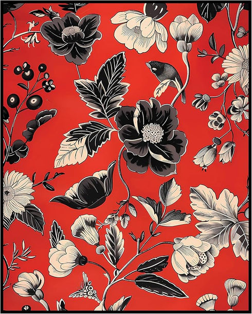 Posterizer 1 pcs-dainty black and white flowers with red background-Floral & Botanical Art-Abstract & Modern Art-Decor for Home & Office- UNFRAMED...