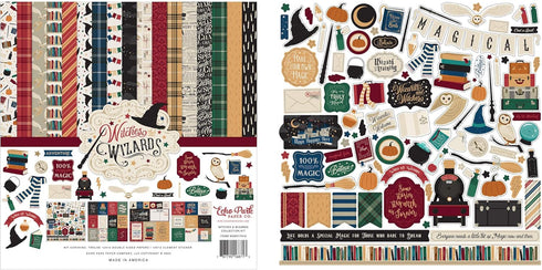 Echo Park Paper Collection Bundle: Witches and Wizards 12 x 12 Collection Kit + Witches and Wizards 12 x 12 Cardstock Elements Sticker Sheet...