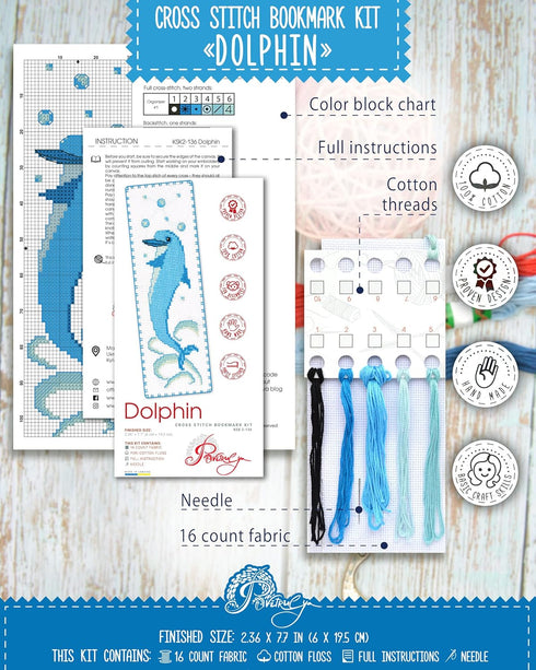 Dolphin Counted Cross Stitch Bookmark Kit for Adults - DIY Embroidery Book Marker Set with Paper Pattern, 16 Count Aida Canvas and Pre-Sorted Flos...