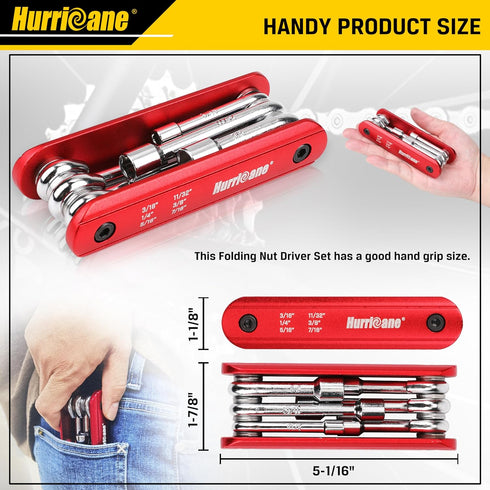 HURRICANE 6 in 1 Folding Nut Driver Set SAE, Hex Nut Driver Set, Cr-V Steel Shank. Premium Portable Premium Aluminum Handle. Easy to Carry Out, 3/...