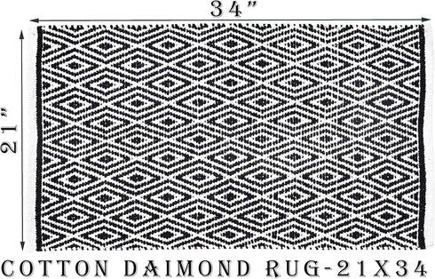 Ramanta Home 100% Cotton Diamond Rug 21x34 Hand Woven Reversible Washable Rug - Black,Farmhouse Bathroom Rugs,Entry Rugs,Rugs for Living Room, Kit...