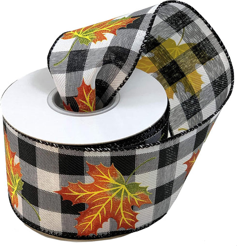Fall Leaves Buffalo Plaid Ribbon - 2 1/2" x 10 Yards, Wired Edge, Orange Leaf, Black and White Plaid, Halloween, Thanksgiving, Fall Decor, Christm...