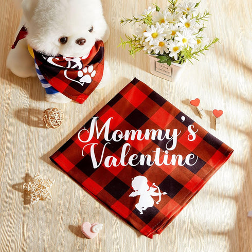 2 Pieces Valentines Day Dog Bandana Buffalo Plaid Valentine Scarf Red Black Checked Puppy Bandanas Personalized Dog Bandana Custom Dog Bandana for...