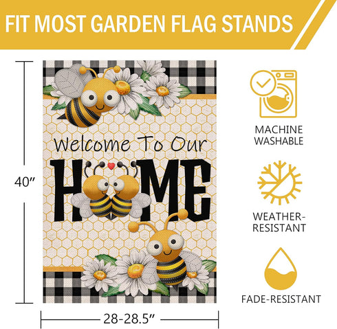 Welcome to Our Home Bumble Bee Spring Summer Decorative Large House Flag, Buffalo Plaid Check Daisy Home Outside Garden Yard Decorations, Farmhous...