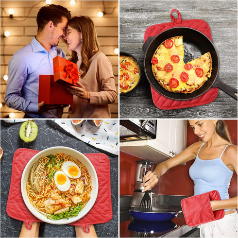 R HORSE 6Pcs Christmas Red Pot Holders with Pocket for Kitchen Cotton Pocket Pot Holder Set Heat Resistant Potholder Terry Coaster Oven Mitts Hot ...