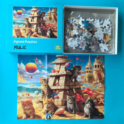 100 Pieces Jigsaw Puzzles for Adults - Cat Puzzles for Kids Ages 6-8 8-10 10-12 - Sandcastle Cats...