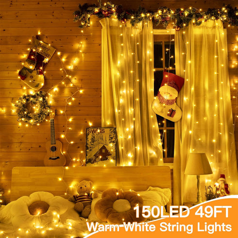 150 LED Christmas String Lights 49 FT, 8 Modes Plug in Waterproof Fairy Lights with Timer, Warm White Christmas Lights for Bedroom Party Wedding I...
