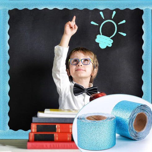 131 Ft Blue Glitter Bulletin Board Borders Blue Scalloped Bulletin Board Trims Shiny Decorative Border Trims Sparkle Self-Adhesive Bulletin Sticke...