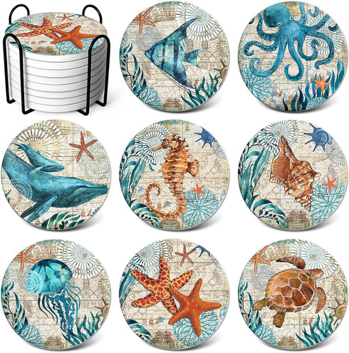 Absorbent Coasters Stone Coaster Set of 8, Cork Base, with Holder, RayPard Beach Theme Sea Life Coastal Coasters for Housewarming Apartment Kitche...