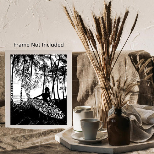 Posterizer 1 pcs-black and white art-woman at the beach with surfboard 3-Coastal & Nautical Art Gift for Nature, Surfers and Beach Lovers - unfra...