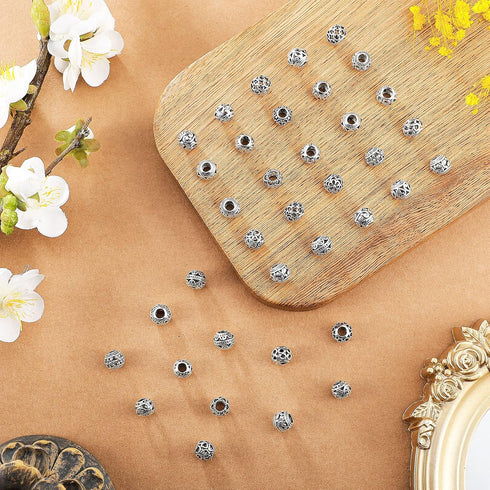 40 Pieces Silver Tone Spacer Loose Beads Hollow Filigree Tibetan Alloy Beads Spacer 12 mm Tiny Metal for Life Design DIY Jewelry Craft Making Neck...