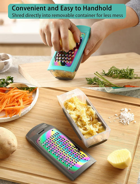 Marco Almond MA63 Rainbow Titanium Hand-held Grater Set, Cheese Box Grater with Removable Containers, Stainless Steel with Titanium Coating...