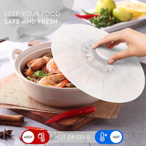 Silicone Bowl Lids White, Set of 5 Reusable Suction Seal Covers for Bowls, Pots, Cups. Food Safe. Natural grip, interlocking handles for easy use ...
