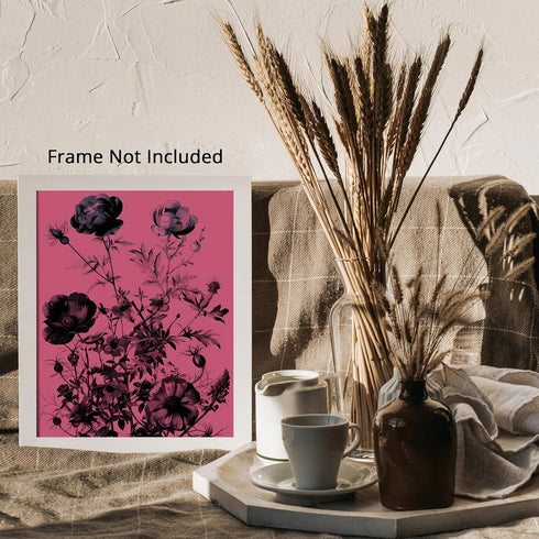 Posterizer 1 pcs-dainty black flowers with pink soft background-Floral & Botanical Art-Abstract & Modern Art-Decor for Home & Office- UNFRAMED Wal...