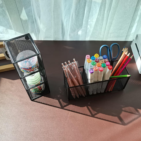 Black Mesh Pencil Holder, Metal Mesh Desk Organize for Pens, Kitchen Utensil Desk Storage,3 Compartments, Small Elegant Office Desk Supplies Organ...