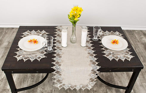 Neutral Earth Tones Lace Long Table Runner, Dresser Scarf, Rustic Bohemian Décor (16Wx72L)...
