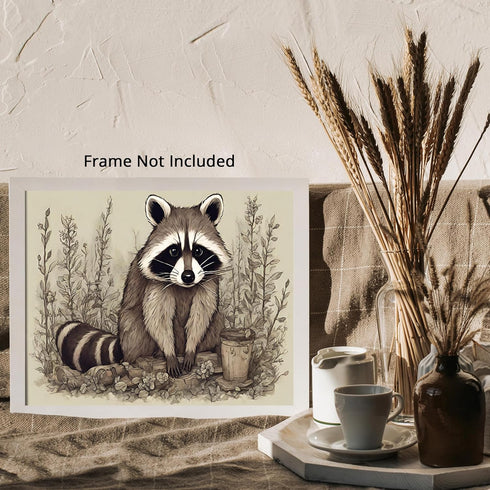 Posterizer 1 pcs- Cute raccoon on the grass next to flowers print-Art for Animal Lovers-Floral Botanical Art- Gift for Men Women Teens-Living Room...