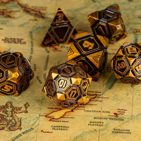 Metal UFO Dice Set, 7 Die Metal Polyhedral Dice Set for DND Dungeons and Dragons Role Playing Games,with Skull Bag.(Ancient Gold)...