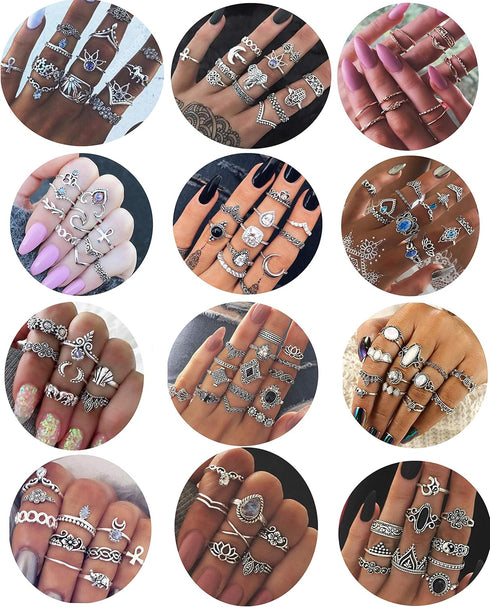 LOYALLOOK 132PCS Bohemia Knuckle Ring Set Women Hollow Silver Fashion Finger Rings Vintage Stackable Knuckle Midi Rings Set...