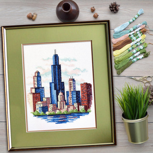 Povitrulya Counted Cross Stitch Kit for Adults “Chicago” - Chi-Town Cityscape Hand Embroidery Set with Pattern, 14-Count Aida Cloth and Pre-Sorted...