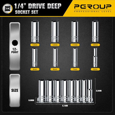 1/4 Inch Drive Socket Set - 8 Piece Metric 12-Point Deep Socket Set (6mm, 7mm, 8mm, 9mm, 10mm, 11mm, 12mm, 13mm)- Cr-V Steel with Sturdy Holder - ...