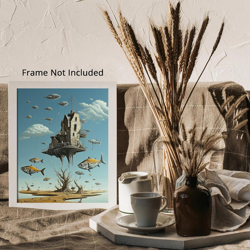 Posterizer 1 pcs-sci-fi flying fish and floating hunted house-Abstract & Modern Art-Fantasy & Fiction Art-Gift for Art Lovers-Decor for Home & Off...